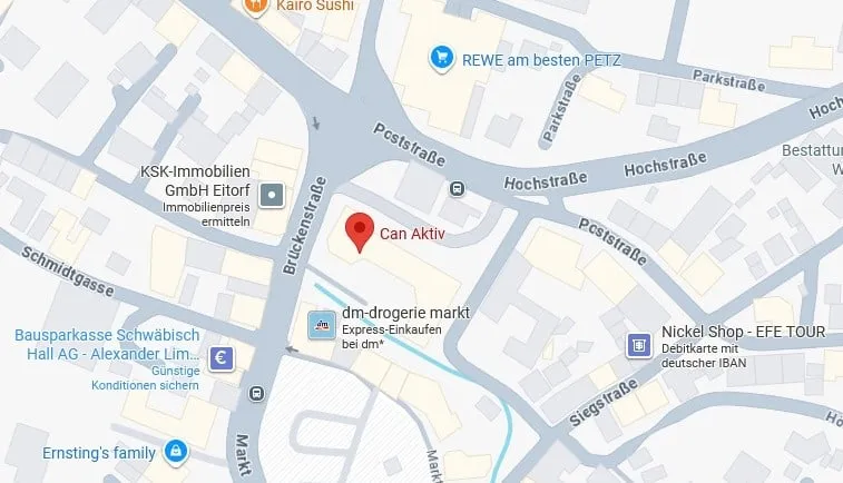 Kartenausschnitt aus der Bestandswebsite mit Markierung von Can Aktiv nahe der Poststraße und dem Posthof in Eitorf.